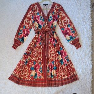 Red Floral Long Sleeve Pleated Dress